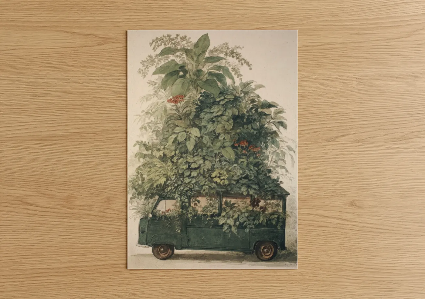 Art print on warm oak wood — green and cream palette — Botanical Van poster