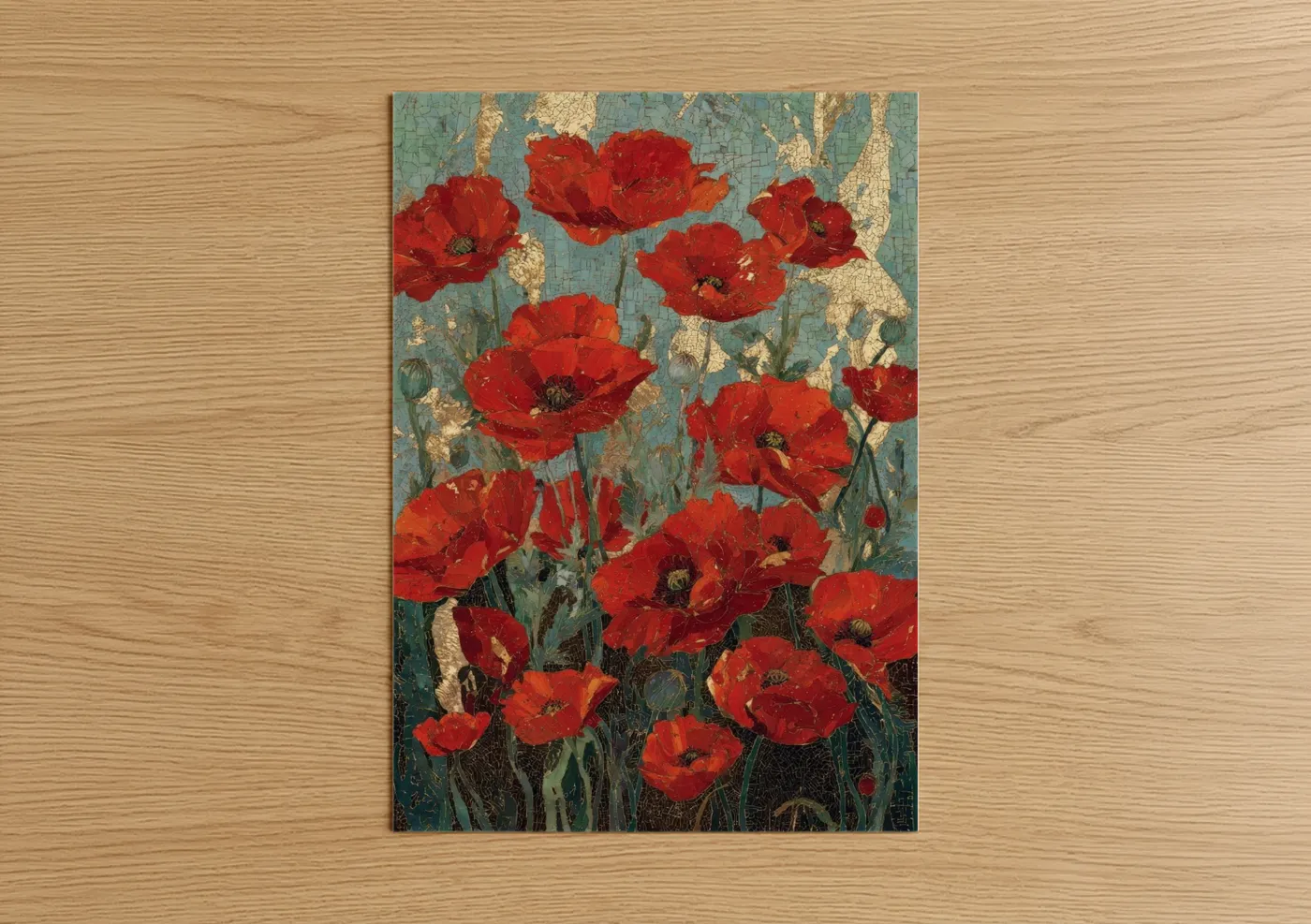 Art print on warm oak wood — red and gold palette — Crimson Poppies poster