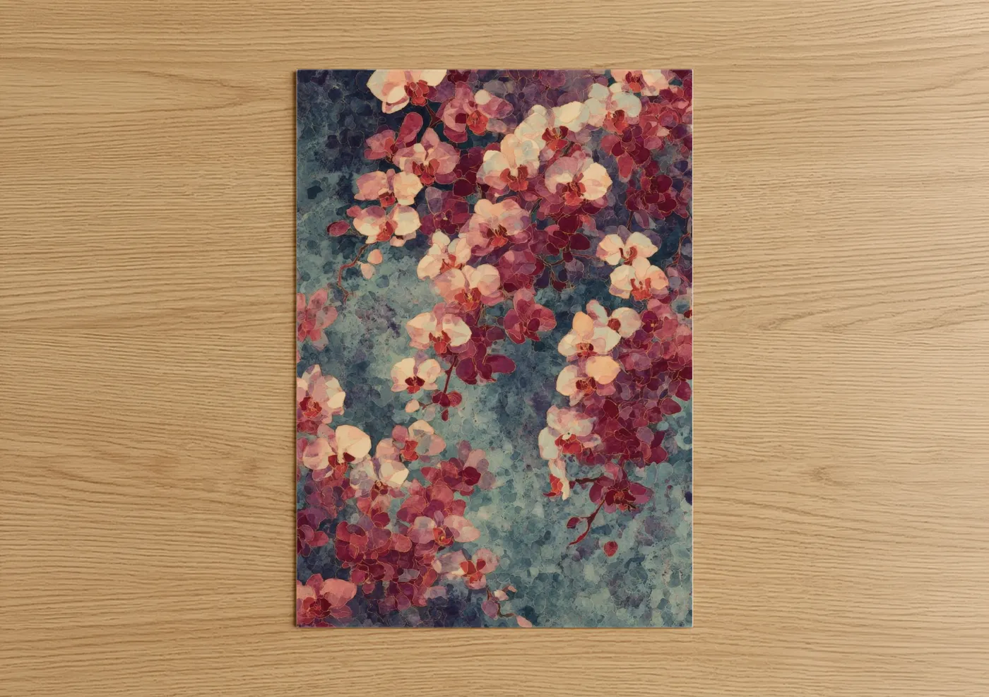 Art print on warm oak wood — rose gold and blue and gray palette — Vintage Orchid Garden poster
