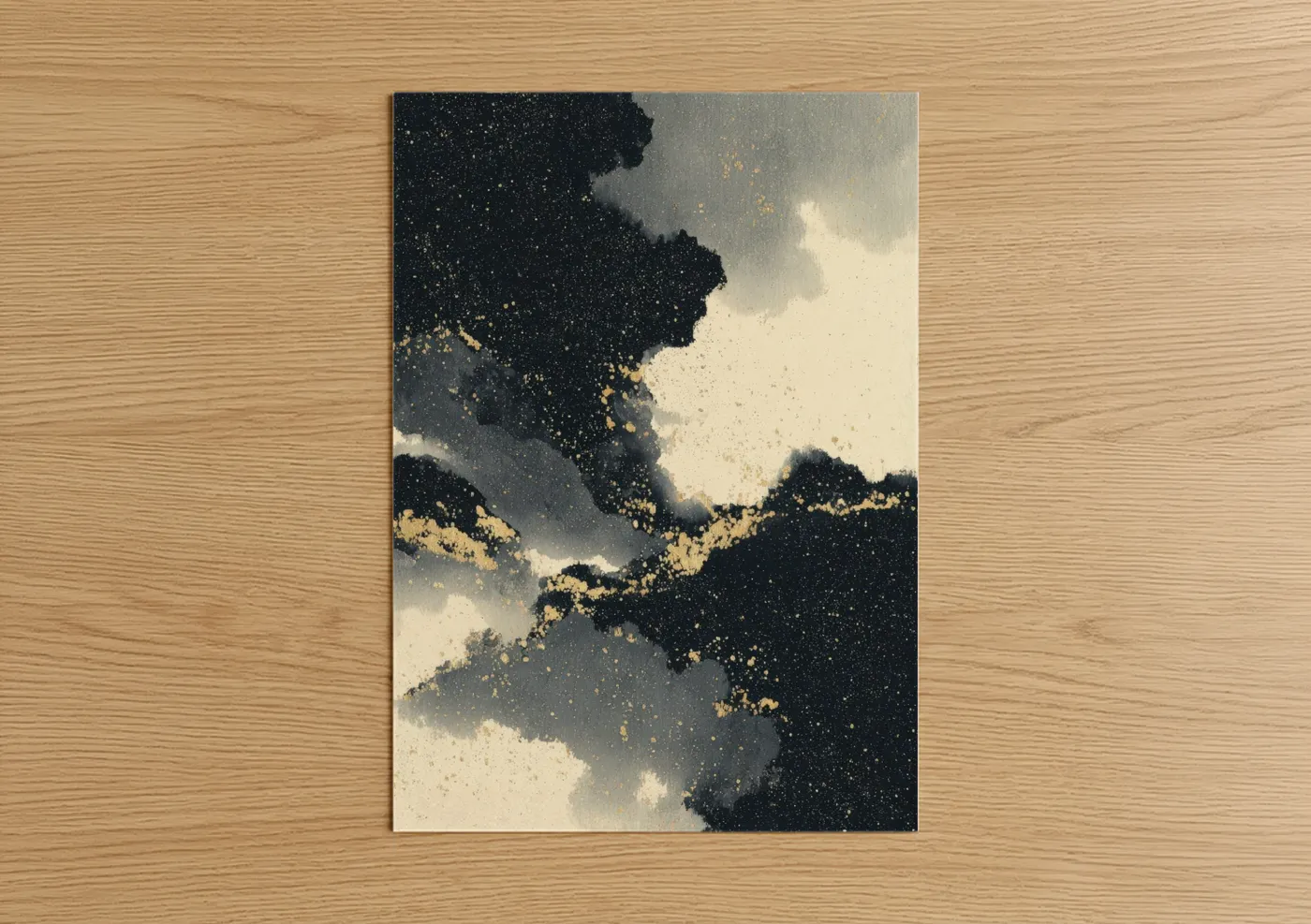 Art print on warm oak wood — black and gold and cream palette — Cosmic Nebula poster