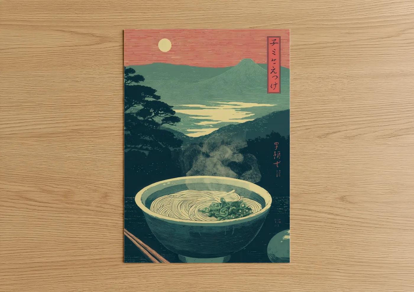 Pasta art print on warm oak wood — teal and salmon pink palette — Moonlit Ramen poster