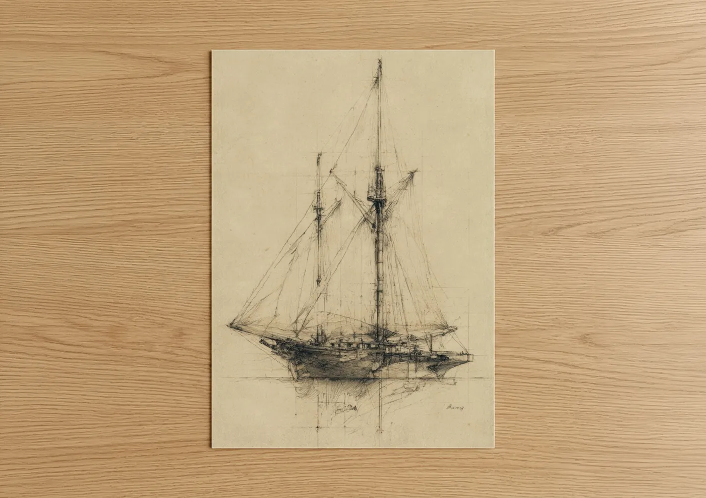 Art print on warm oak wood — cream and black and white palette — Classical Sailing Ship poster