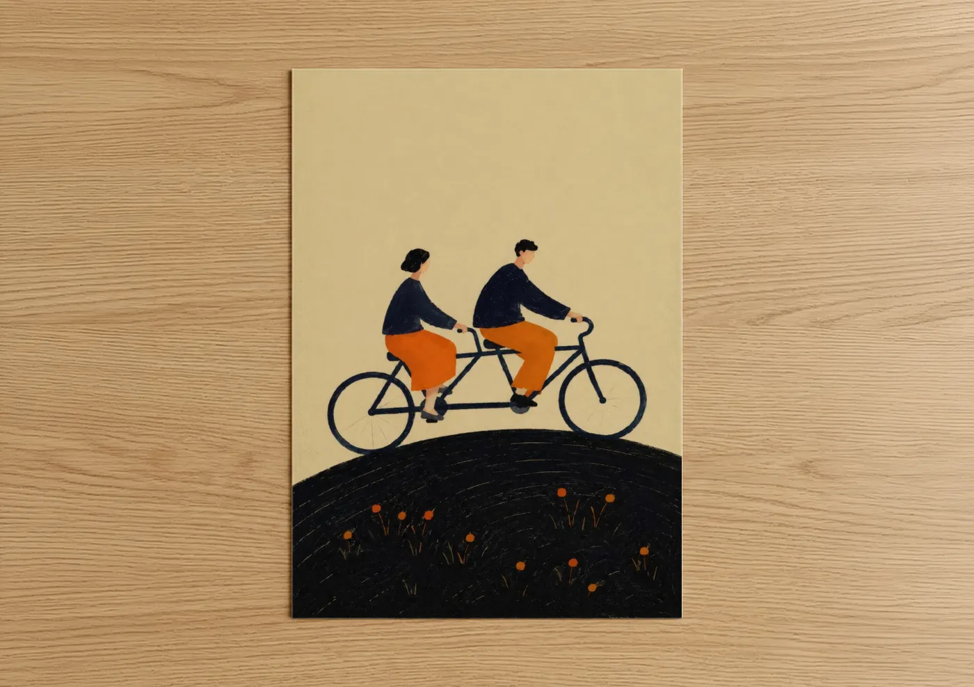Art print on warm oak wood — beige and orange palette — Tandem Bicycle Couple Wall Art poster