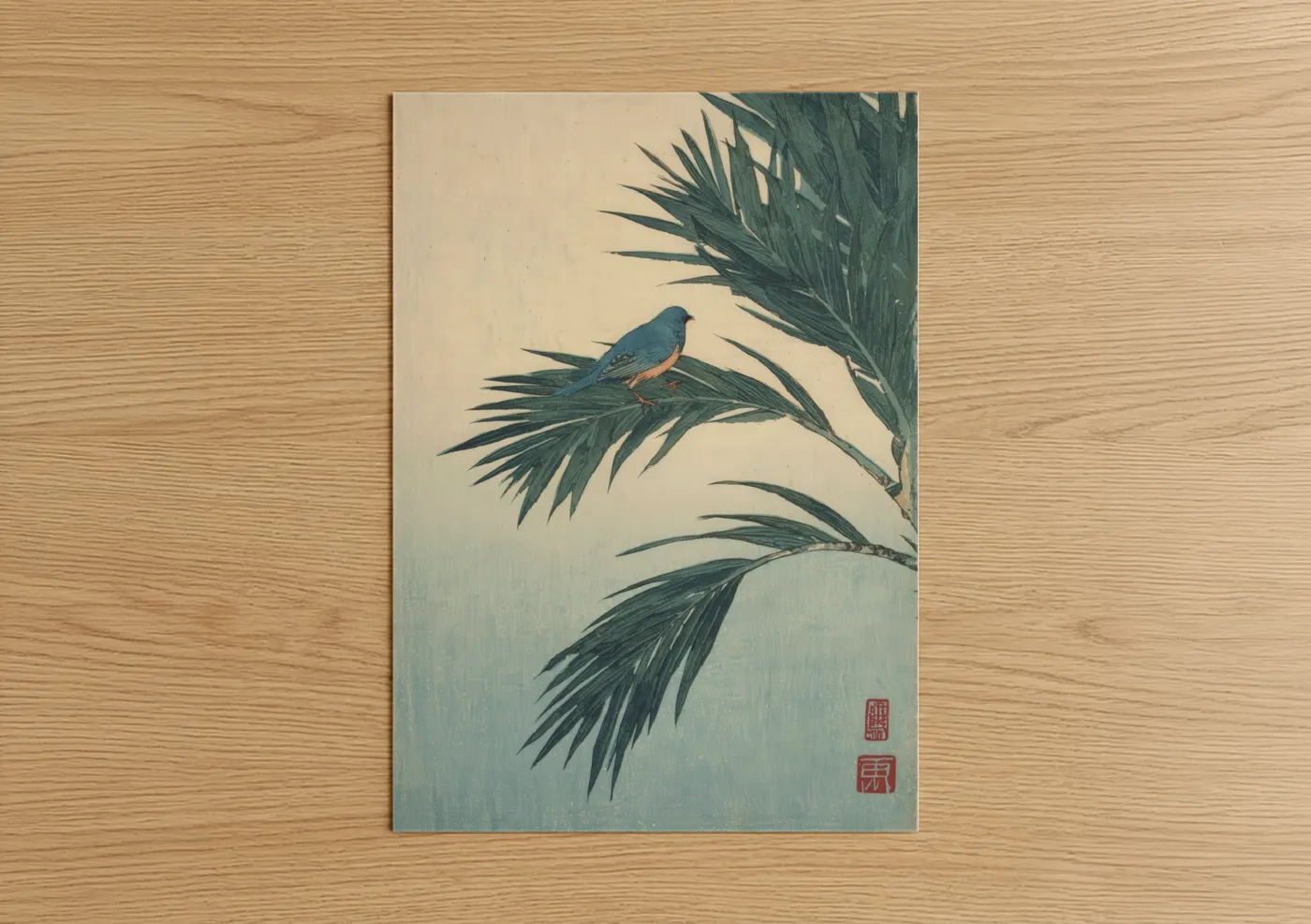 Palm tree art print on warm oak wood — blue and cream palette — Blue Palm Bird poster