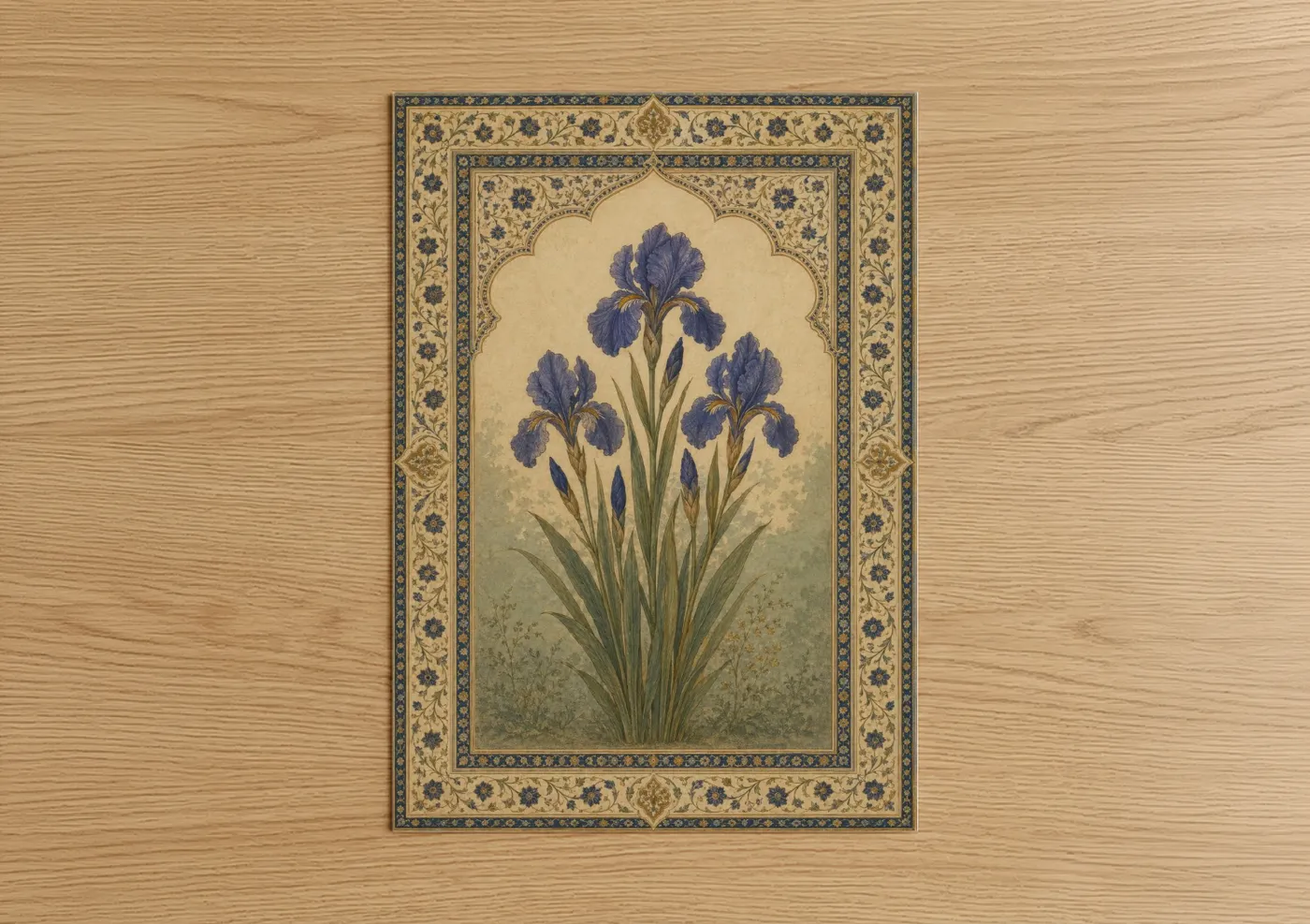 Art print on warm oak wood — beige and blue palette — Persian Iris Botanical Wall Art poster