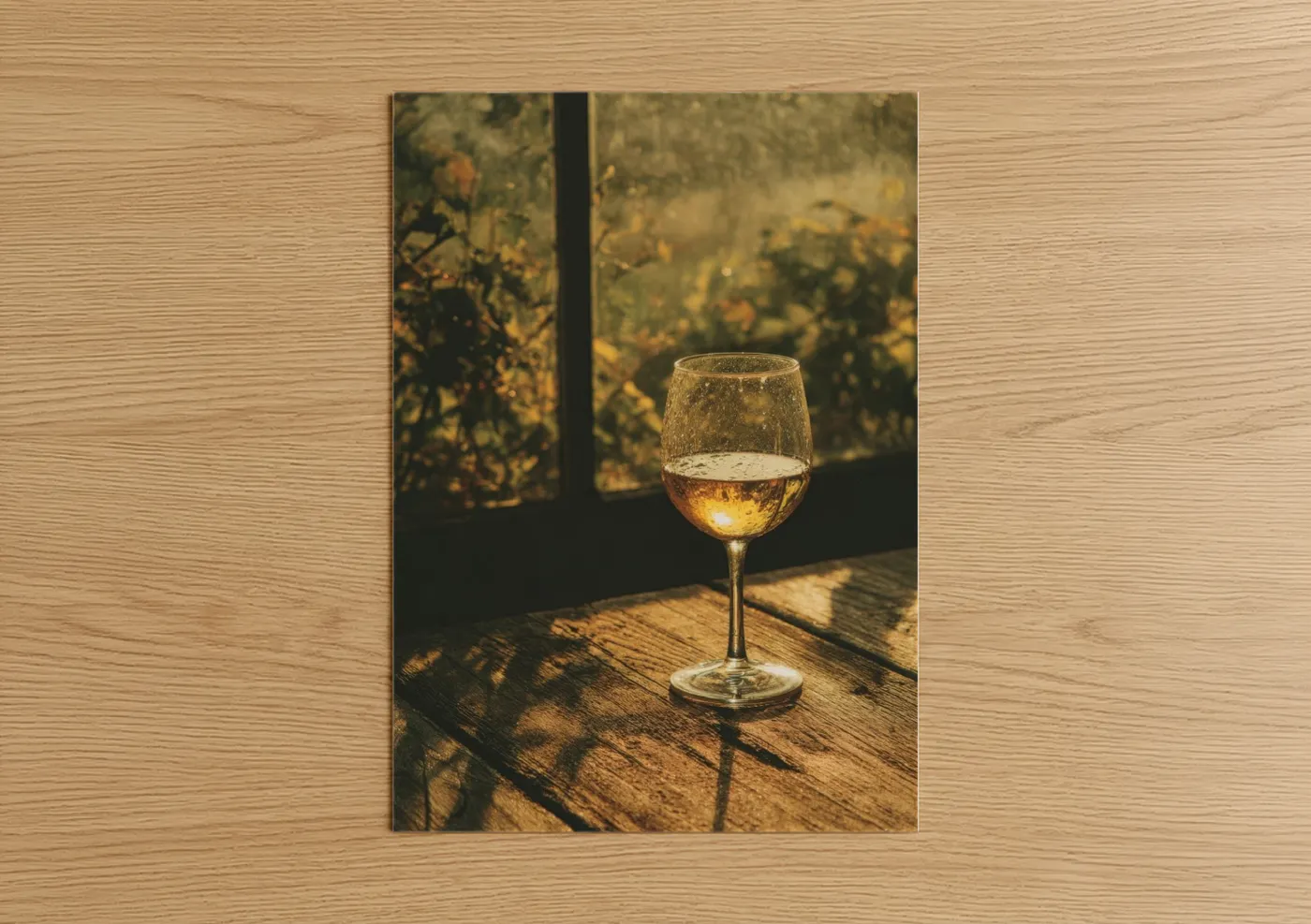 White wine art print on warm oak wood — gold and brown palette — Golden Hour Wine poster