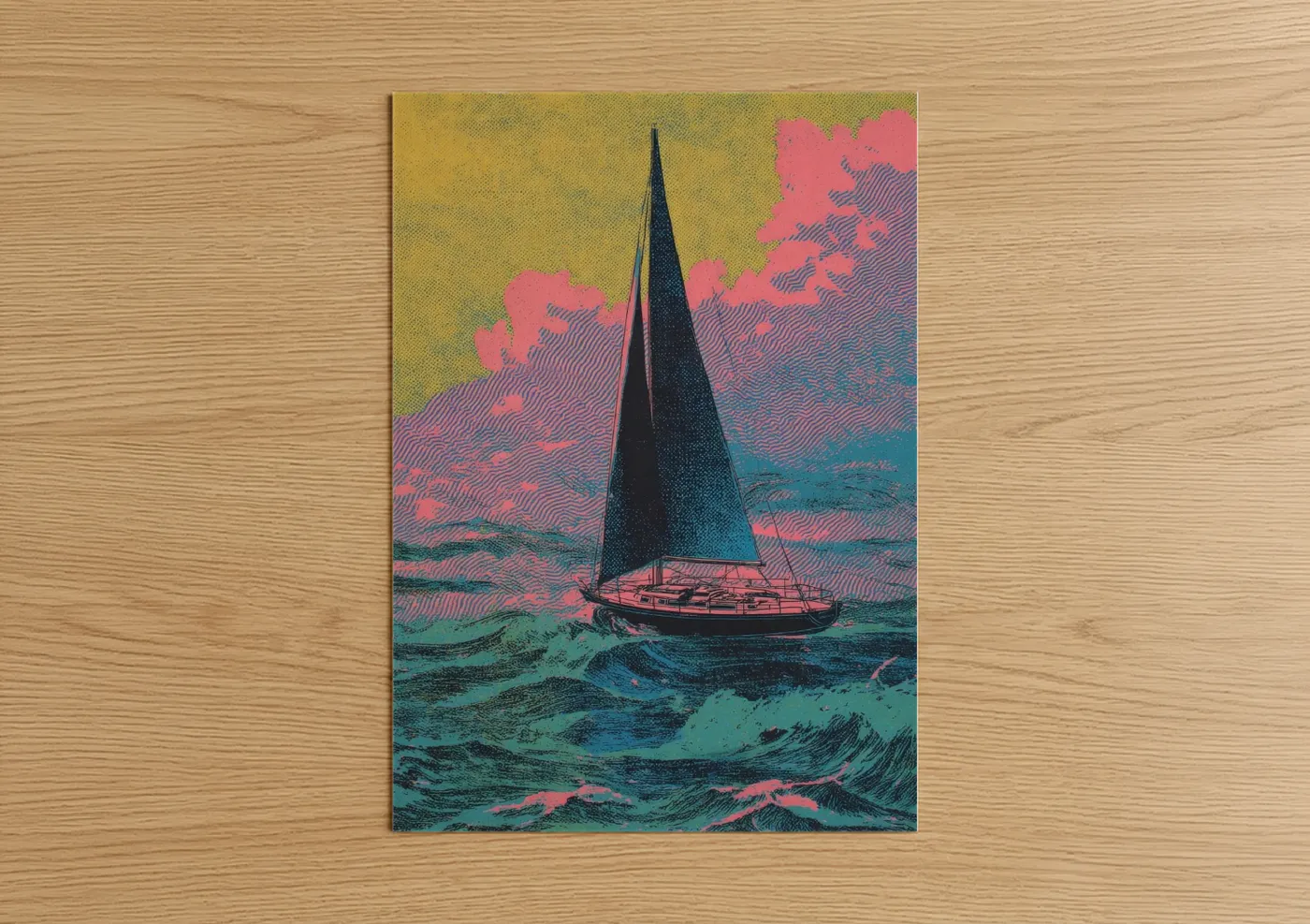 Sailing ship art print on warm oak wood — pink and teal palette — Neon Sailboat poster