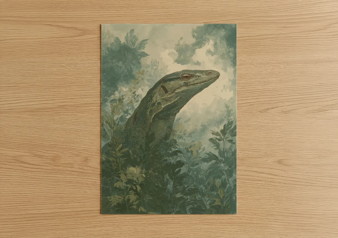 Art print on warm oak wood — sage green and cream palette — Emerald Garden Lizard poster