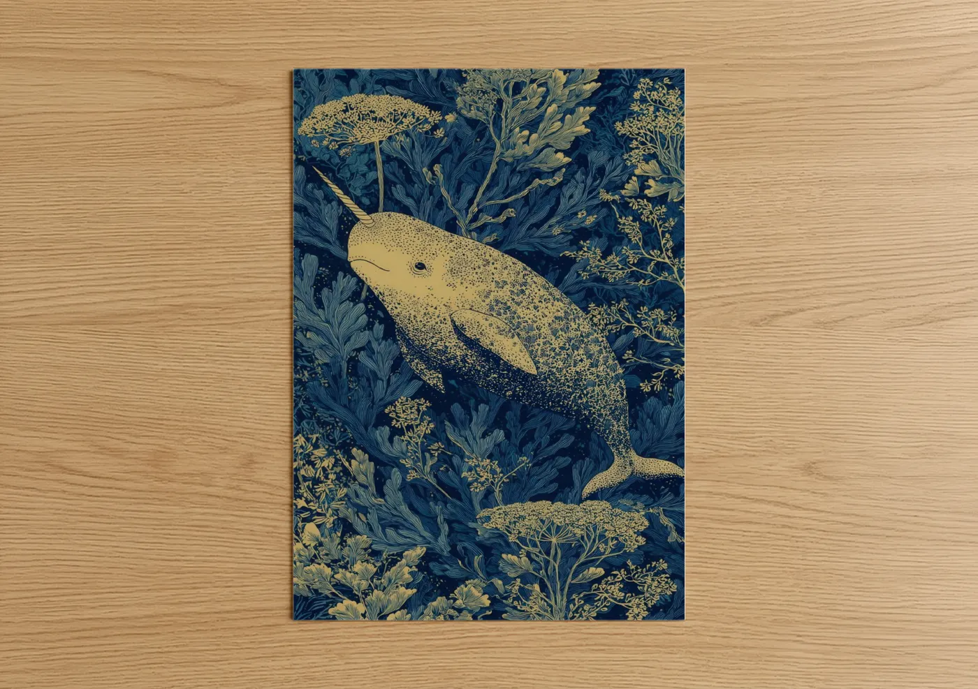Golden Narwhal Seaweed Illustration Wall Art