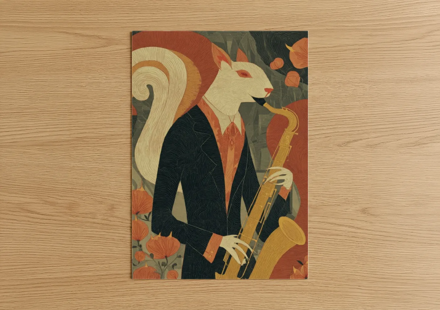 Art print on warm oak wood — russet and cream palette — Jazz Squirrel poster