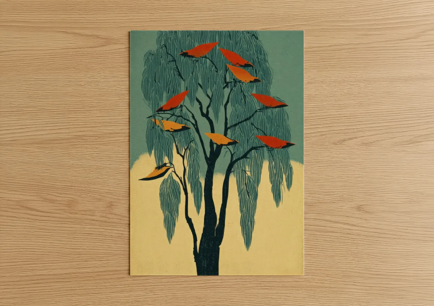 Crimson Willow Tree Japanese Art Print Wall Art