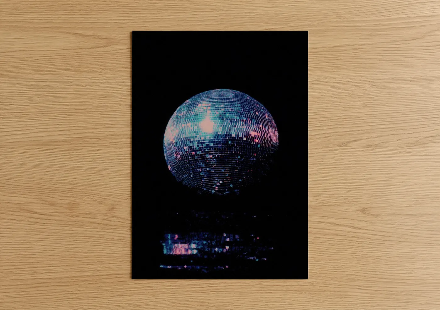 Art print on warm oak wood — blue and magenta palette — Neon Disco Ball poster