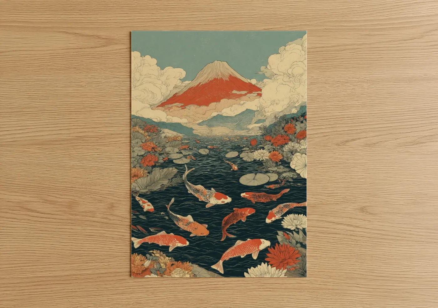Mount Fuji Koi Pond Japanese Woodblock Wall Art