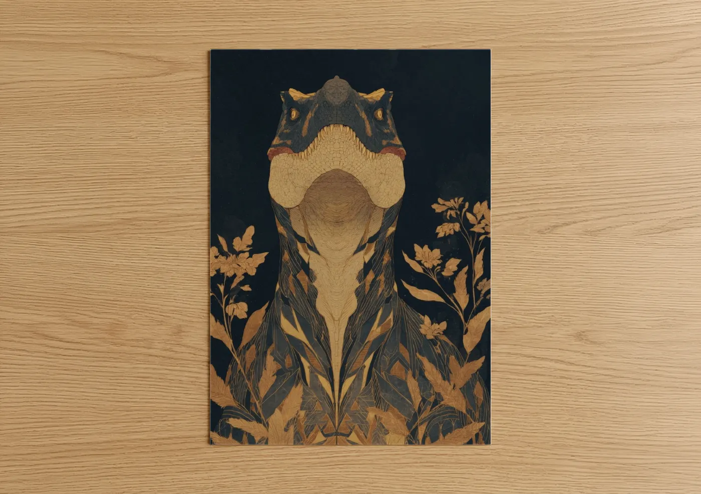 Art print on warm oak wood — gold and black palette — Golden Dinosaur poster