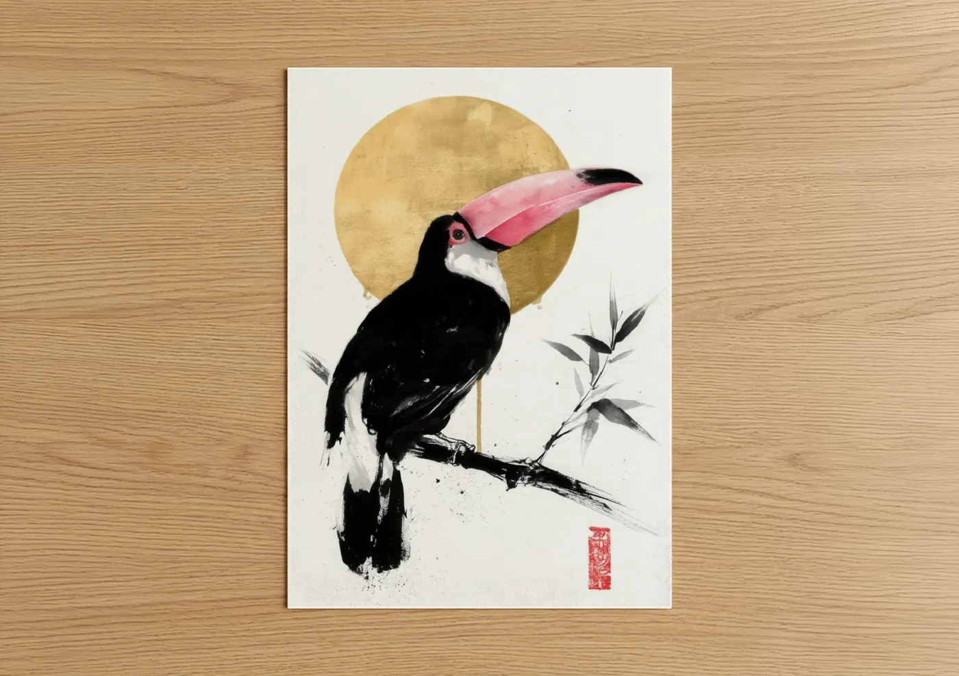 Art print on warm oak wood — gold and pink palette — Pink Beak Toucan poster