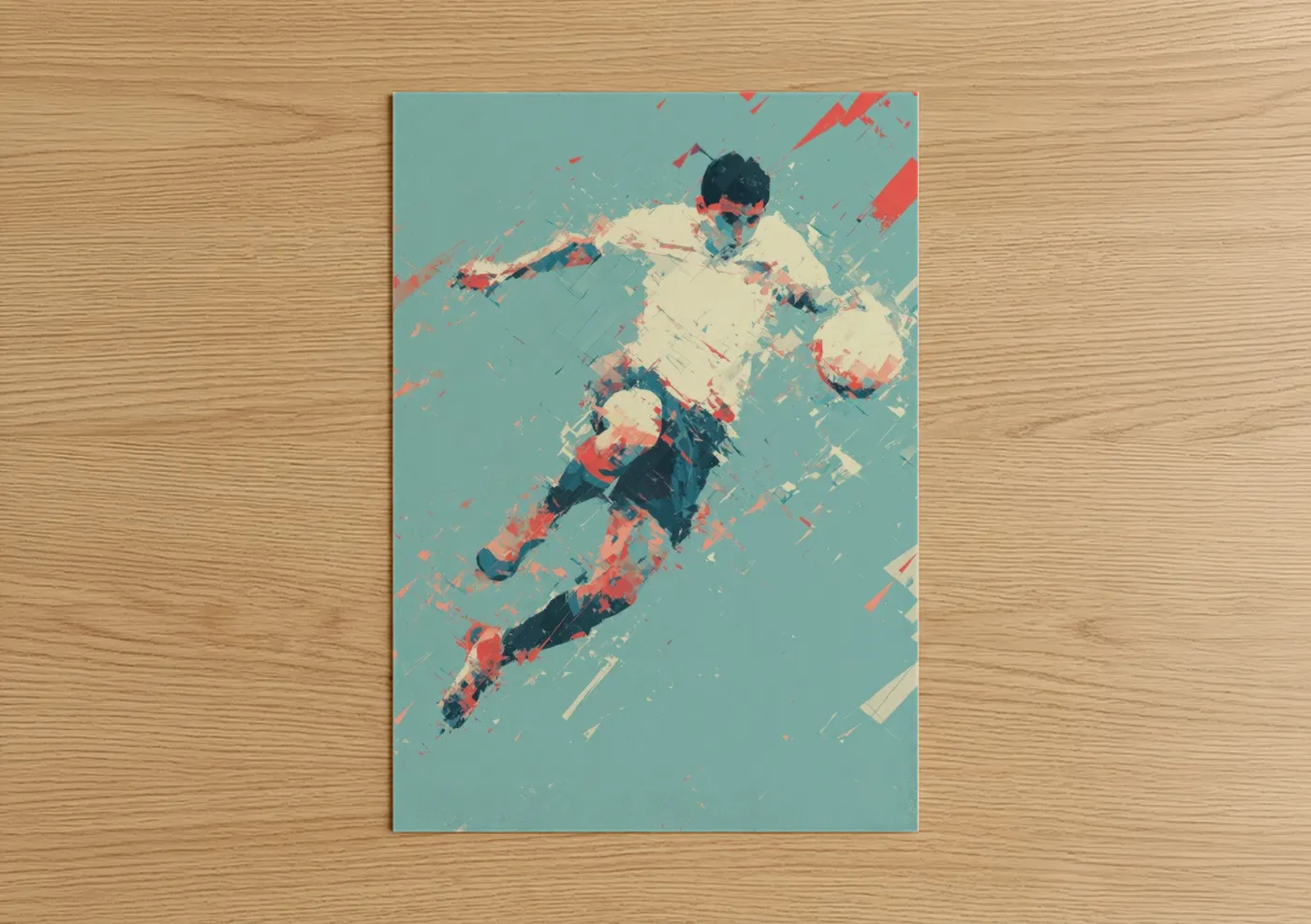 Art for boy art print on warm oak wood — bermuda gray and red palette — Dynamic Soccer Player poster