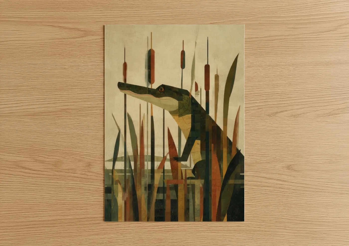 Art print on warm oak wood — olive and russet palette — Marsh Sentinel Alligator poster
