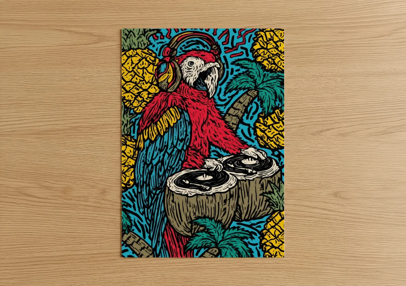 Art print on warm oak wood — blue and yellow gold palette — DJ Macaw poster