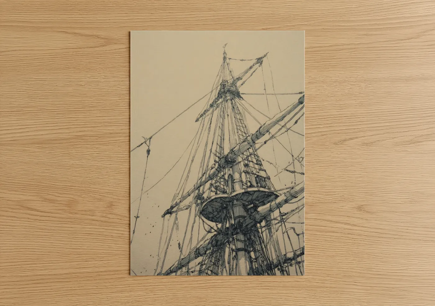 Art print on warm oak wood — black and white and cream palette — Towering Sailing Ship poster