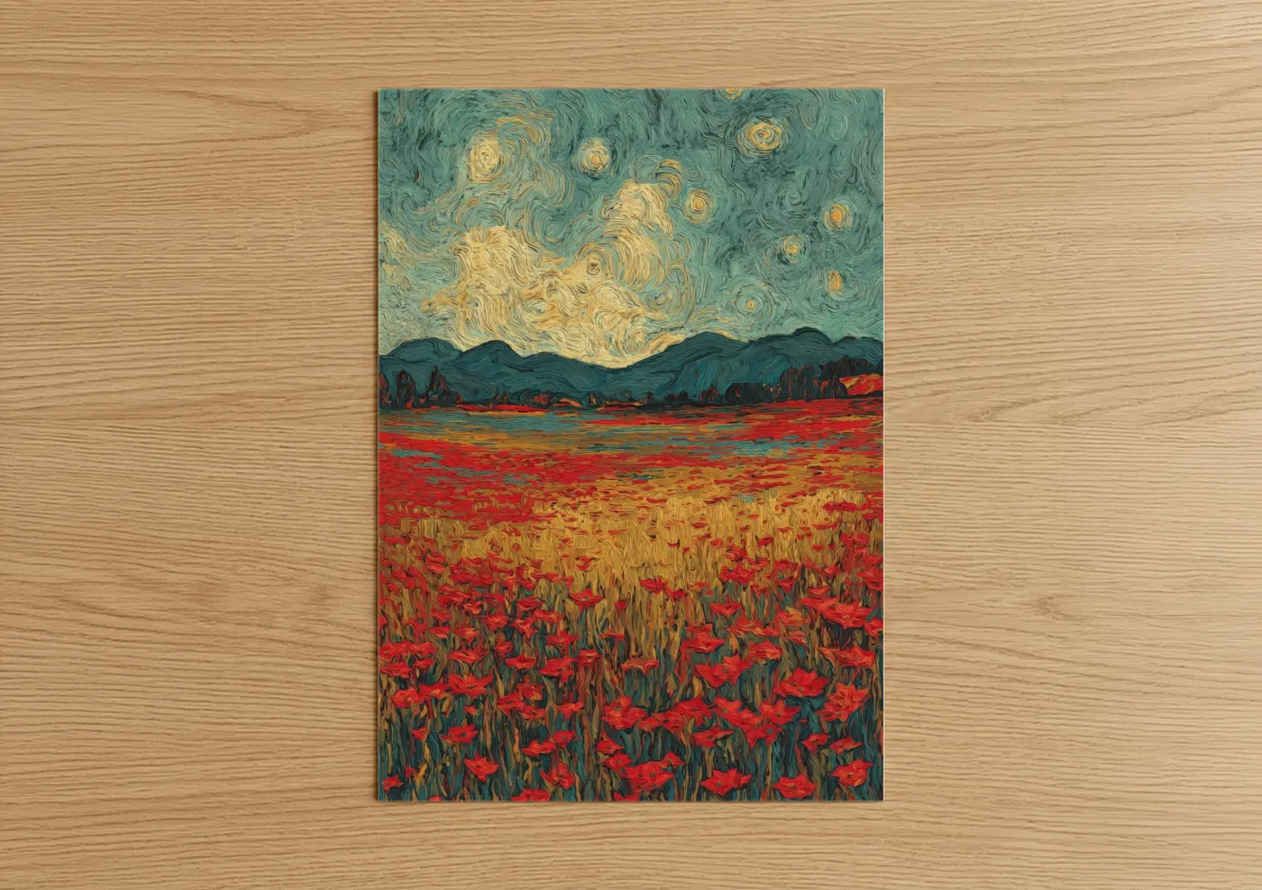 Poinsettias art print on warm oak wood — red and gold palette — Starry Poppy Field poster