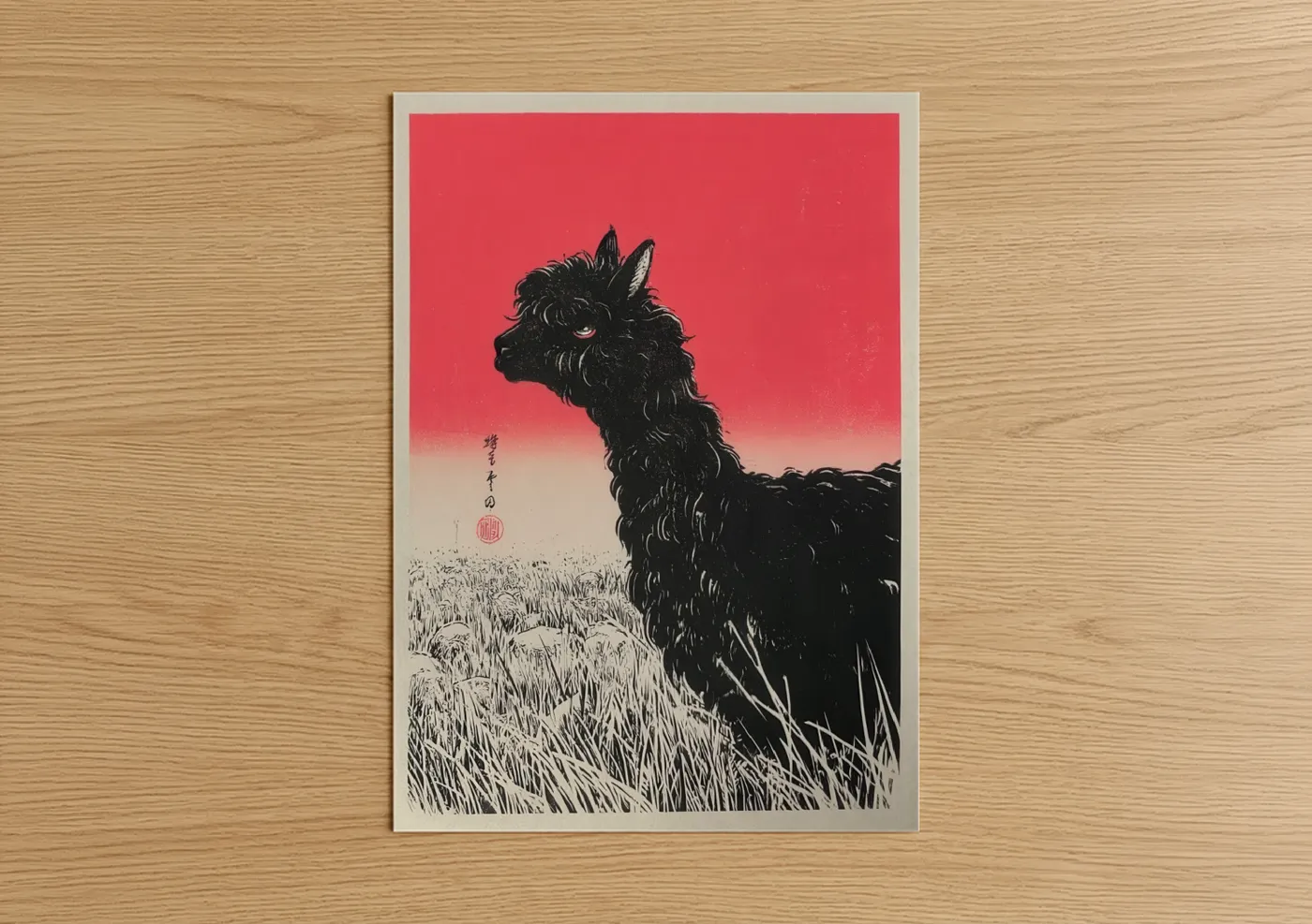 Black Alpaca Red Sky Japanese Woodblock Wall Art