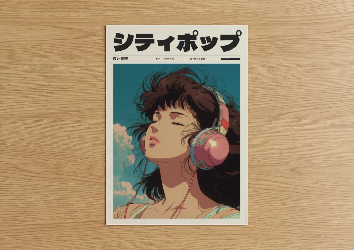 Anime and manga art print on warm oak wood — blue and pink palette — Dreamy Music Listener poster