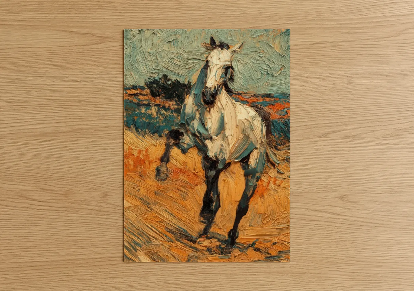 Arabian horse art print on warm oak wood — gold and teal palette — Desert Arabian poster
