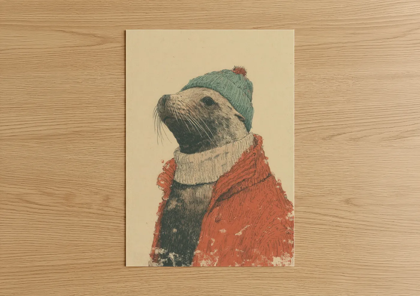 Art print on warm oak wood — cream and russet palette — Cozy Sea Lion poster