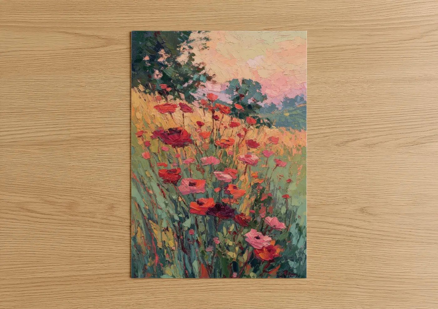 Art print on warm oak wood — red and gold palette — Crimson Ranunculus Field poster