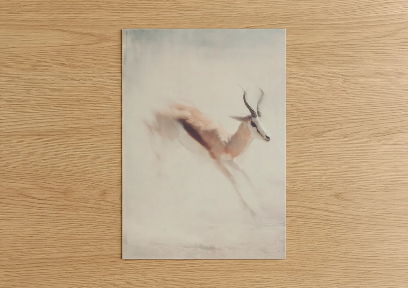 Art print on warm oak wood — cream and beige palette — Graceful Antelope poster