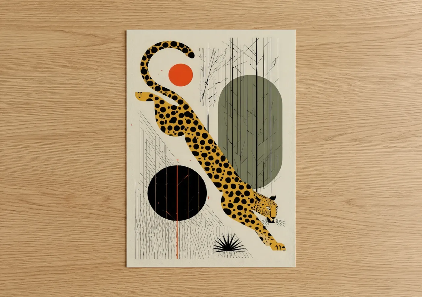 Art print on warm oak wood — gold and black palette — Golden Leopard poster