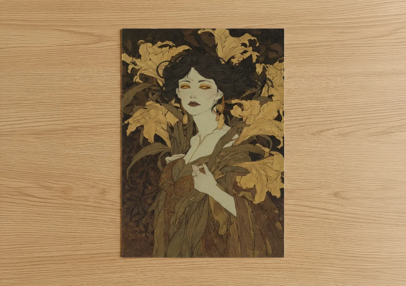 Art print on warm oak wood — gold and black and gold palette — Gilded Vampire poster