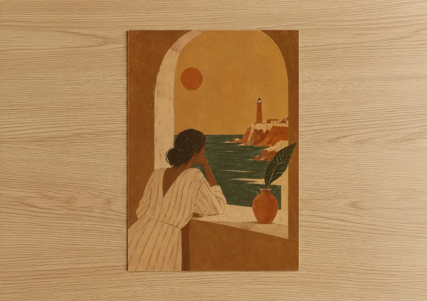Art print on warm oak wood — orange and beige palette — Mediterranean Lighthouse Coastal View Wall Art poster