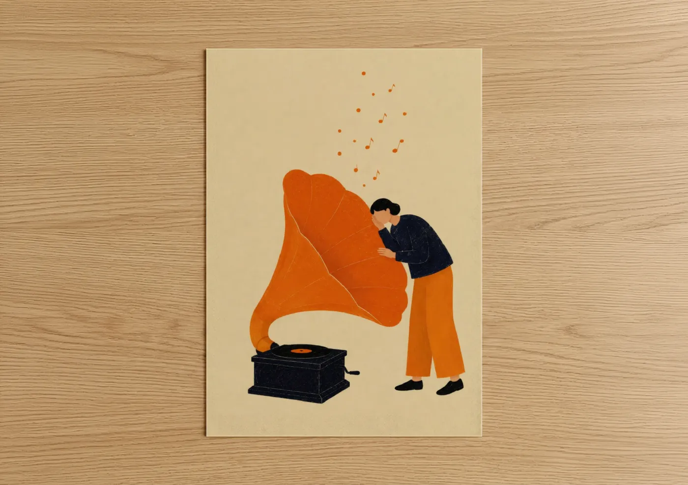 Vinyl records art print on warm oak wood — orange and beige palette — Vintage Phonograph Music Lover Wall Art poster