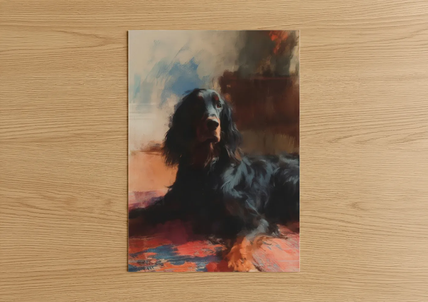 Art print on warm oak wood — russet and blue palette — Contemplative Setter poster