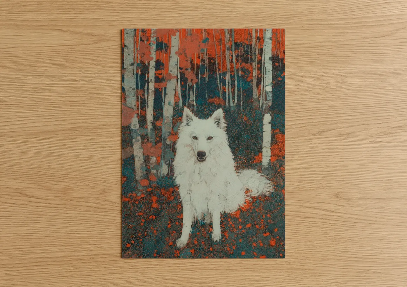 Art print on warm oak wood — red and teal palette — Autumn Spitz poster