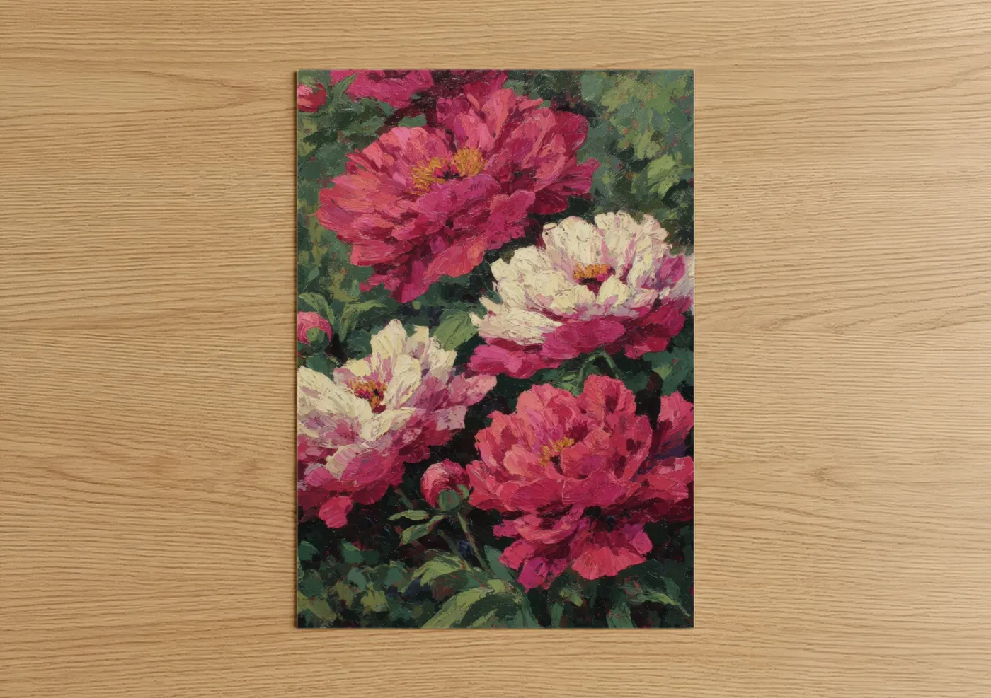 Art print on warm oak wood — magenta and cream palette — Crimson Peony Blooms poster