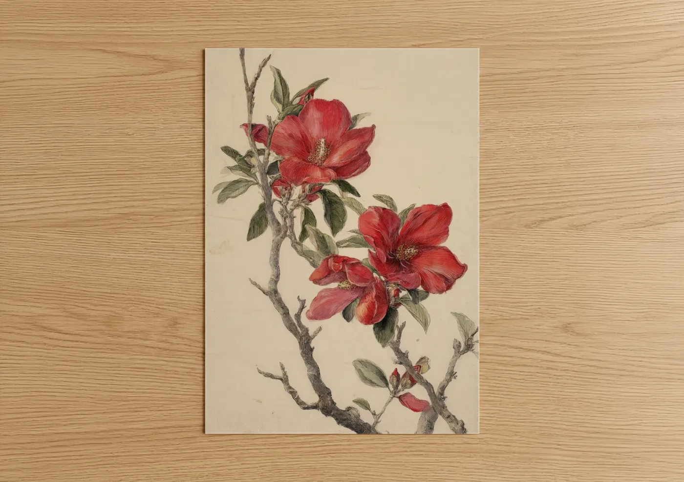 Savanna and desert trees art print on warm oak wood — red and cream palette — Crimson Desert Blooms poster