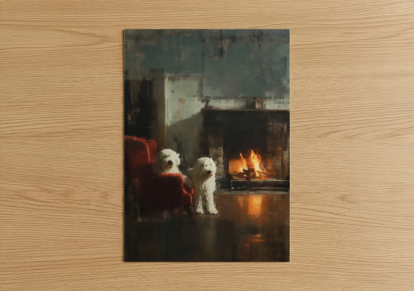 Shepherd dogs and collies art print on warm oak wood — gold and gray palette — Fireside Companions poster
