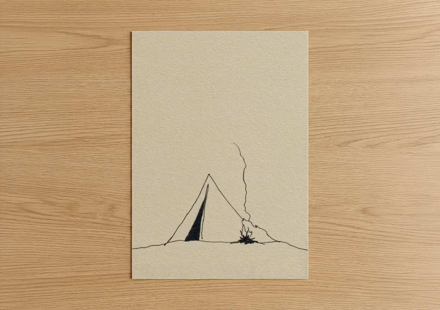 Camping art print on warm oak wood — beige and black palette — Minimalist Campfire poster