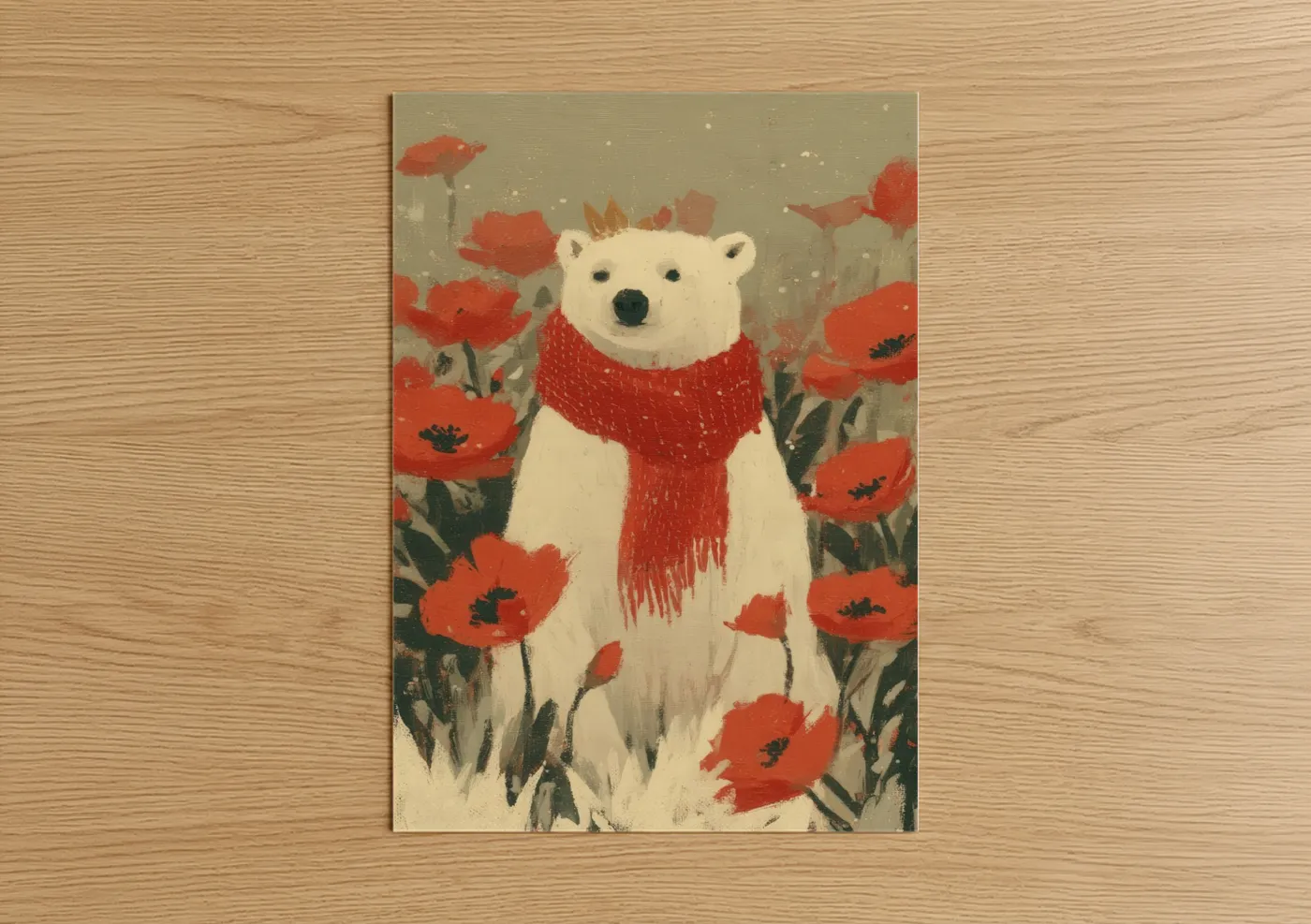 Polar Bear Red Poppy Field Illustration Wall Art