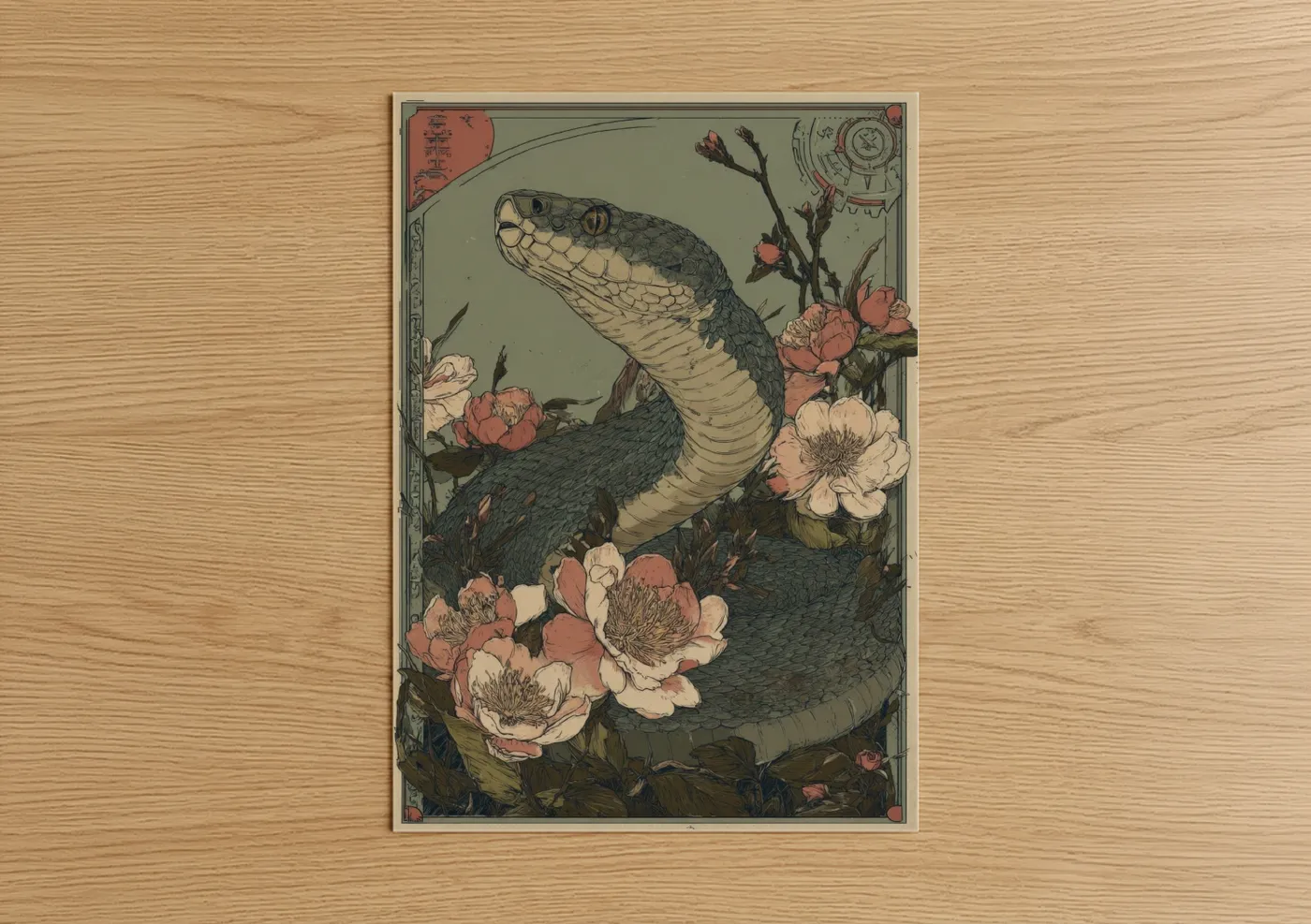 Cobra Snake Floral Japanese Woodblock Wall Art