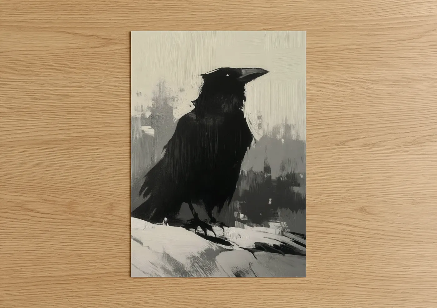 Crows and ravens art print on warm oak wood — black and white and gray palette — Solitary Raven poster