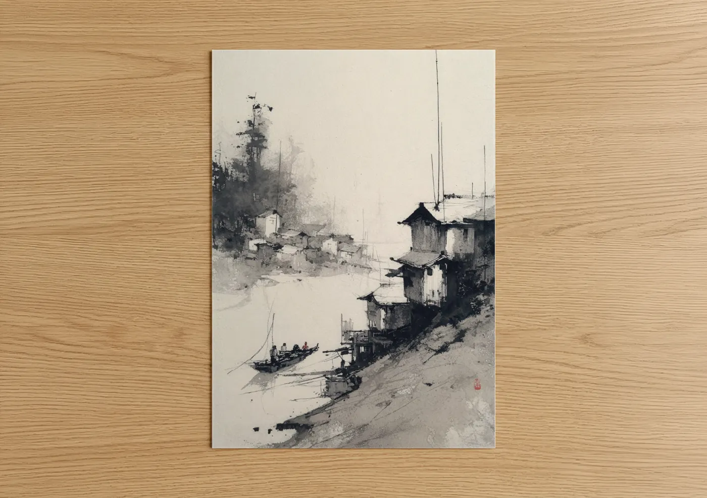 Misty Harbor Village Watercolor Painting Wall Art