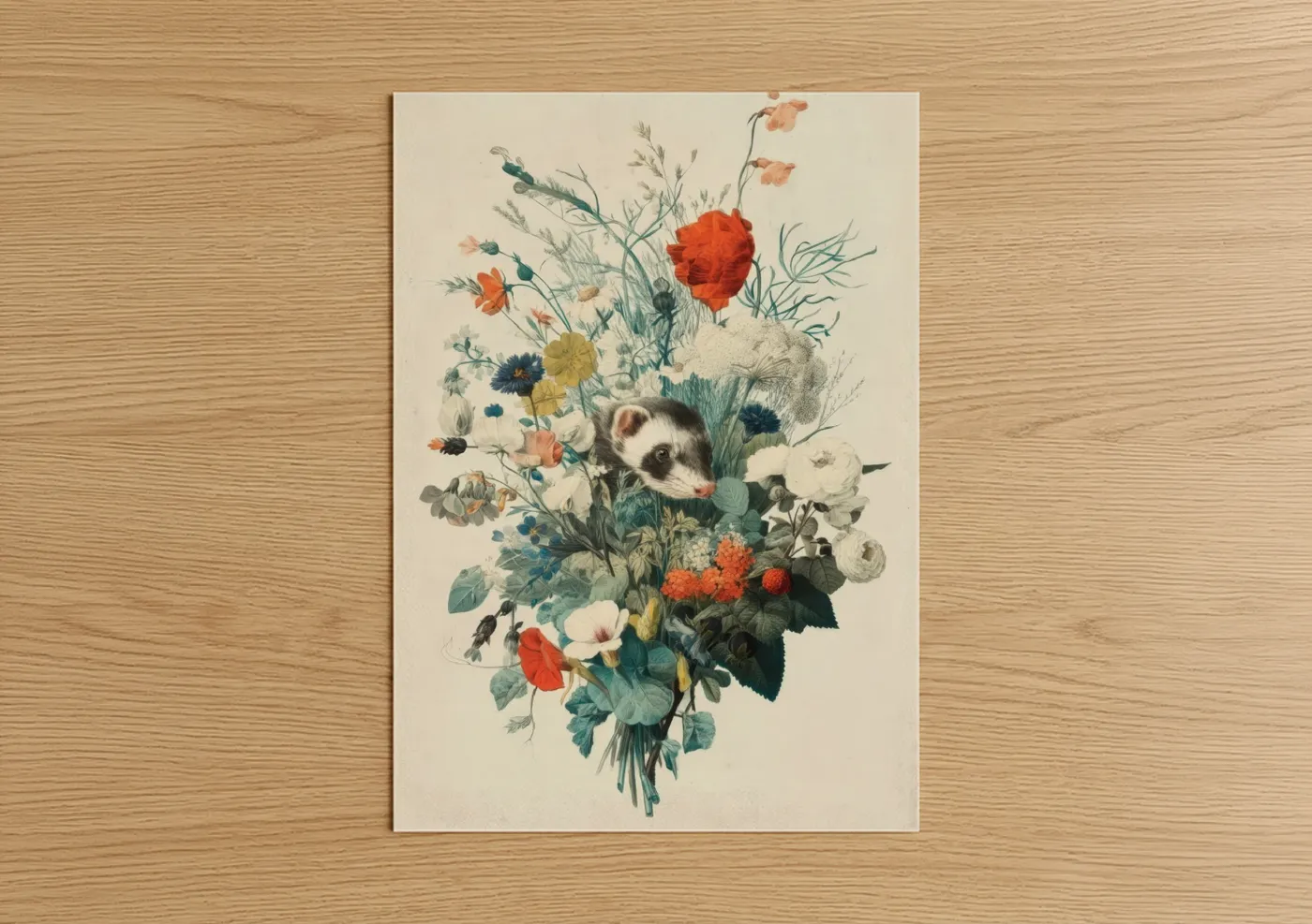 Floral Ferret Botanical Illustration Wall Art