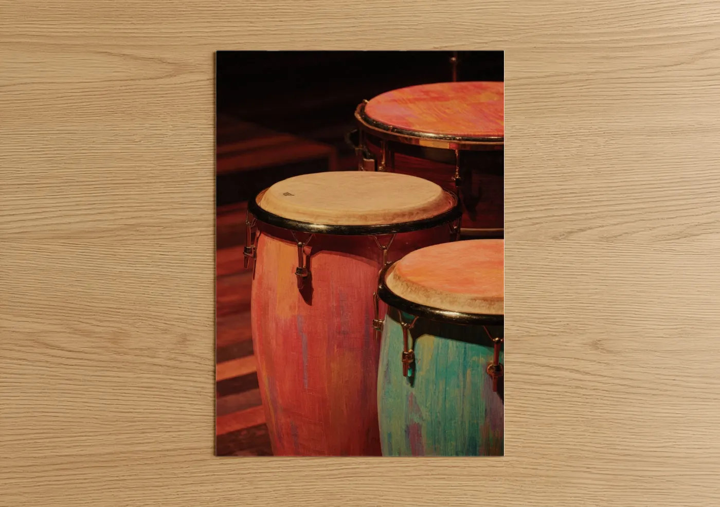 Drums art print on warm oak wood — red and gold palette — Vibrant Drum Ensemble poster