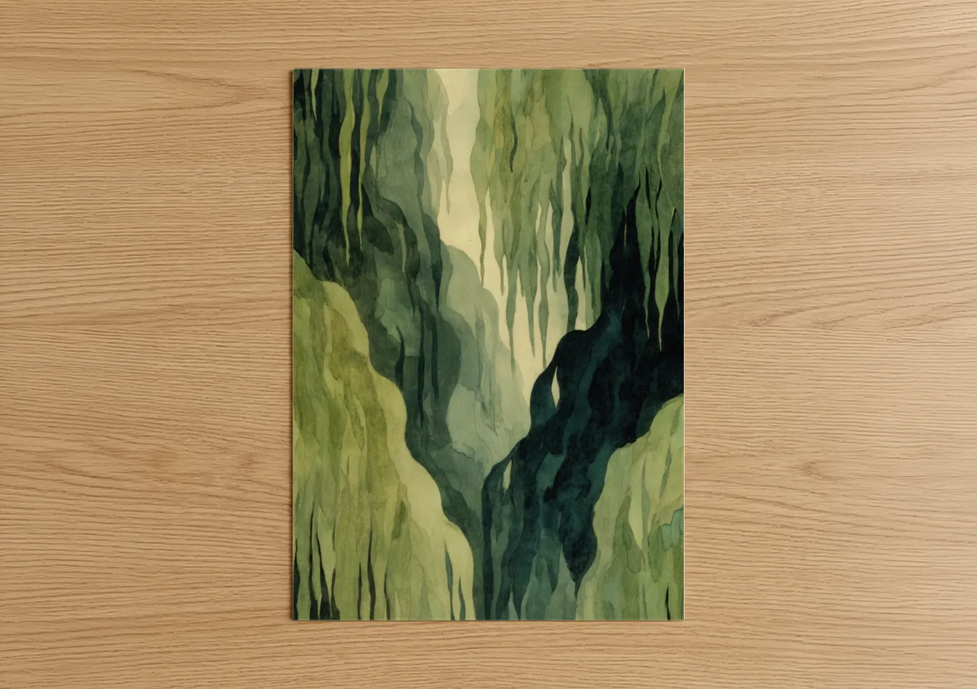Willow forest art print on warm oak wood — green and cream palette — Misty Willow Canyon poster