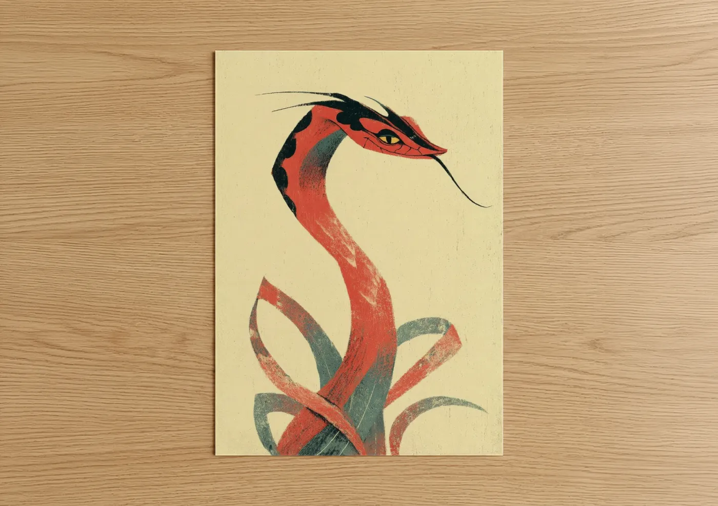 Boa constrictor art print on warm oak wood — red and teal palette — Crimson Serpent poster