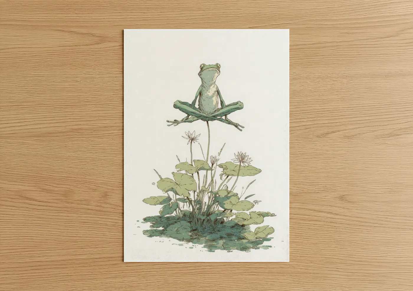 Frogs and toads art print on warm oak wood — sage green and cream palette — Meditative Frog poster
