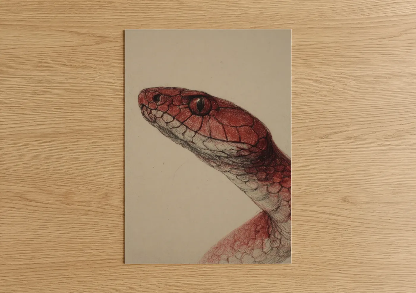 Art print on warm oak wood — red and beige palette — Crimson Cobra Portrait poster